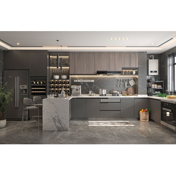 Matte Lacquer Finish Brown L&U Shape Wooden Furniture Of Kitchen Cupboard