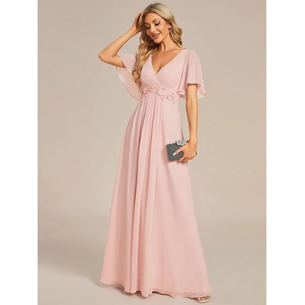 Sexy Empire Applique A-line Short Flutter Sleeves V-neck Invisible Zipper Burnt Orange Chiffon Evening Dress