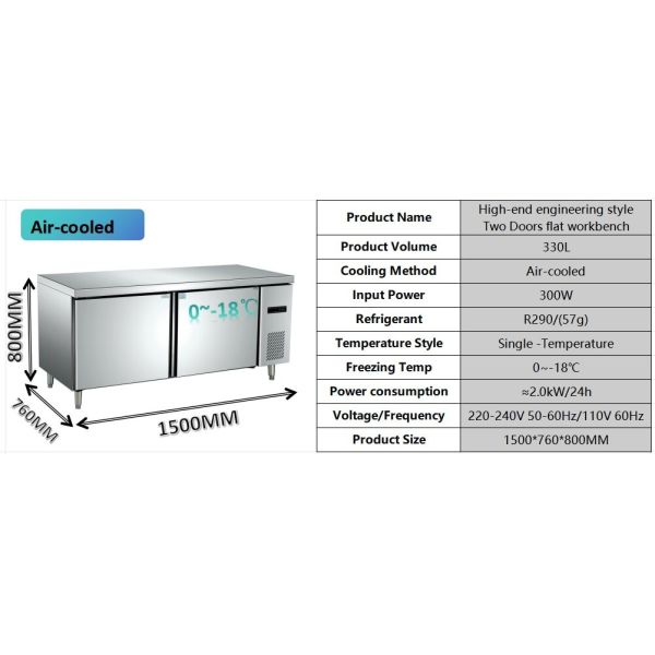 Compact 2 portes congélateur de table de travail Protection contre la corrosion Commercial Double réfrigérateur congélateur