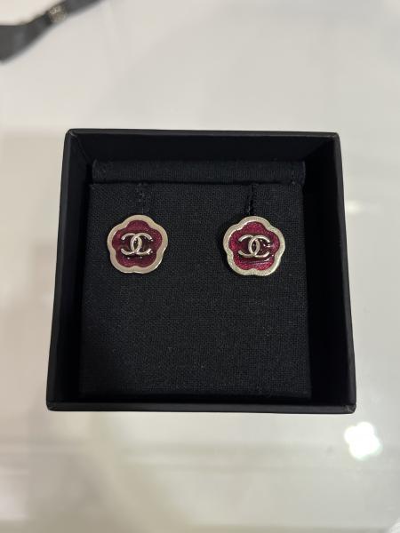 25A Gold Double C Red Enamel Stud Earrings 18K Plated
