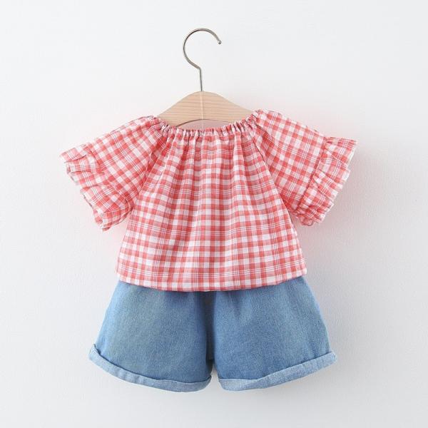 39in Plaid Suit Cute Children'S Outfit Sets Clothes Denim Shorts Oem Short Sleeved