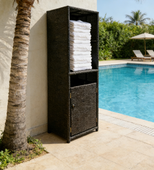 Stationary Natural Woven Rattan Towel Hamper with Storage Bin Organizer for Bathroom Poolside and Spa