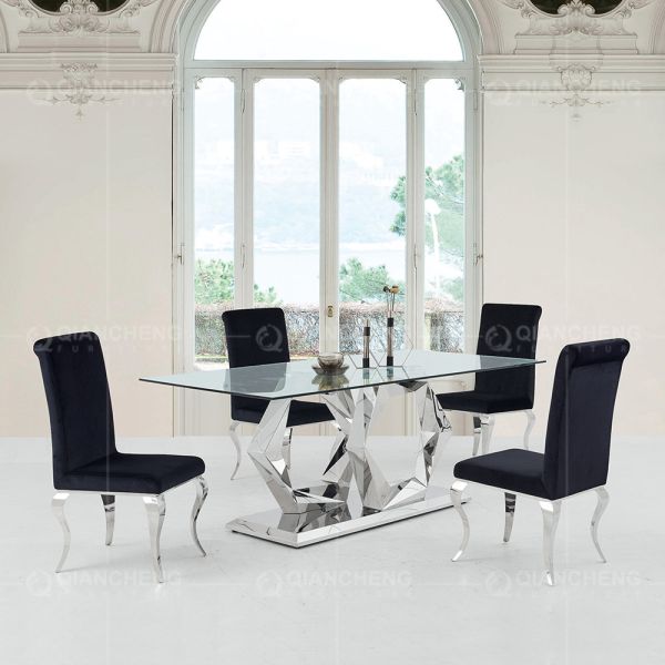 12mm Glass Top SS Dining Tables 6 Seater Home Furniture For Dining Room
