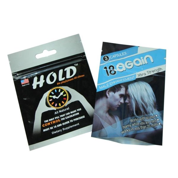 Private Label Printed Hang Hole  Top Small Foil Male Sexual Pill Packaging Plastic Packaging For Pills Packaging