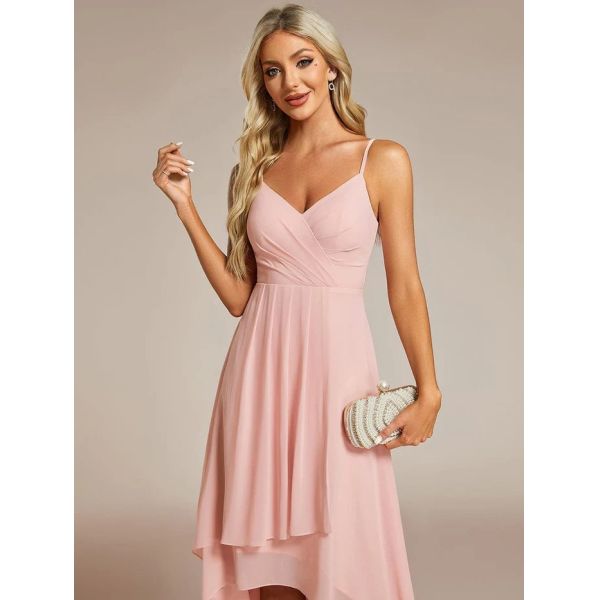 Elegant V-neck Spaghetti Strap Empire A-line High-low Chiffon Wedding Guest Dress Midi Pink Bridesmaid Dress