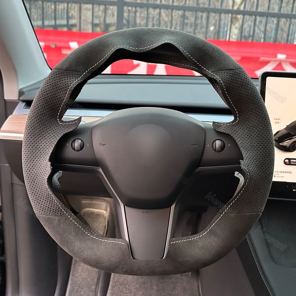 Customized Available High Quality Durable Soft Athsuede Hand Sewing Steering Wheel Cover Wrap for Tesla model 3