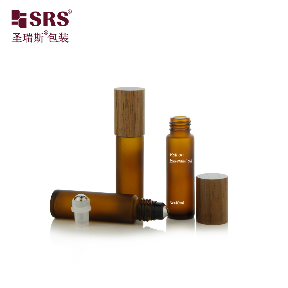 BLPM-10ML Amber Frosted Glass Roller Steel Ball Essential Oil Bottle With Wooden Cap