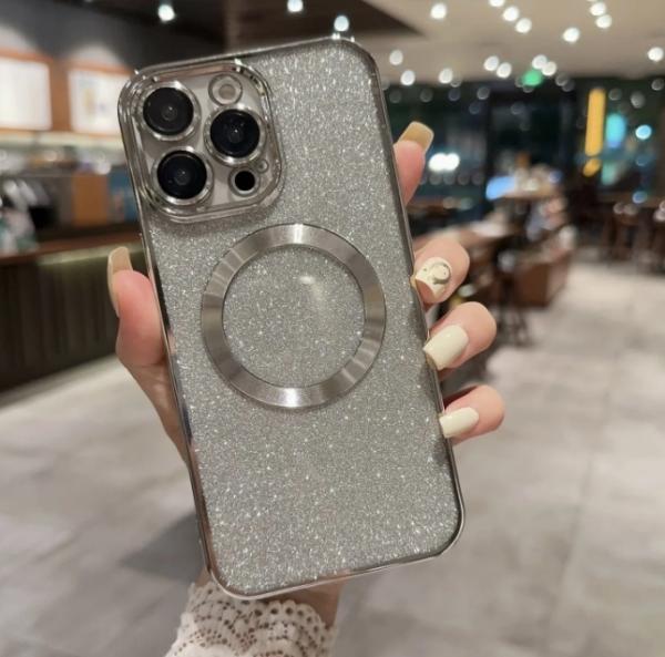 New Luxury Transparent Flash Powder Magnetic Mobile Phone Case Lens Protection For IPhone 11 12 13 14 15 PRO Max With Wireless Charging