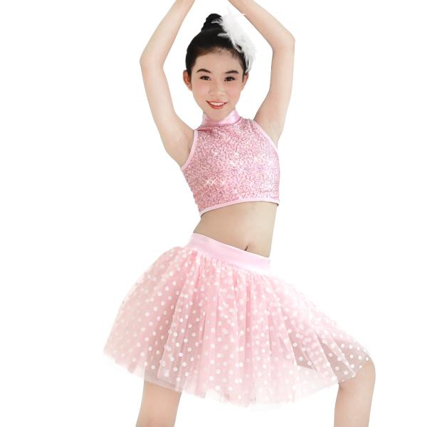 Two Piece Dance Performance Outfits Sequins High Neck Sleeveless Top and Tutu Skirt Competition Dress