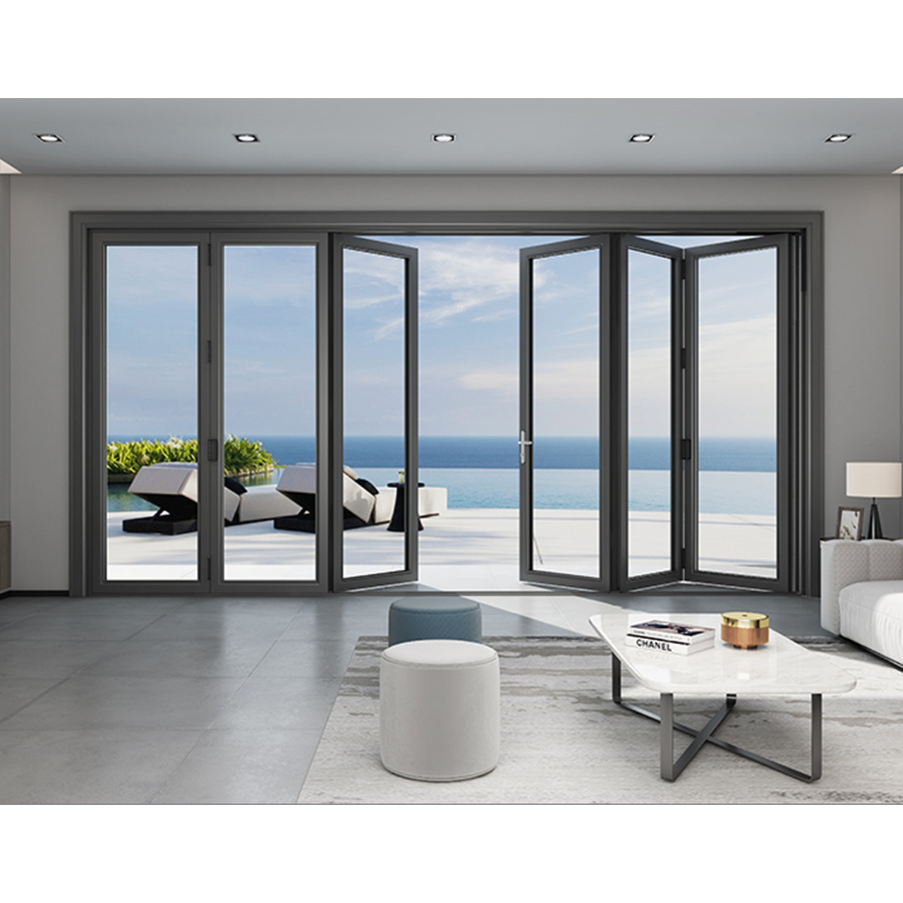 UPVC ПВХ складной стеклянные дверцы 3 панели Bi Fold Doors Электрофорезное покрытие