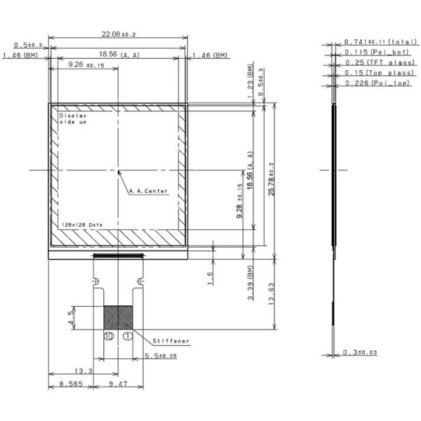 1 дюймовый солнечный TFT, 128x128 Трансфлекторный режим Модуль ЖК-дисплея