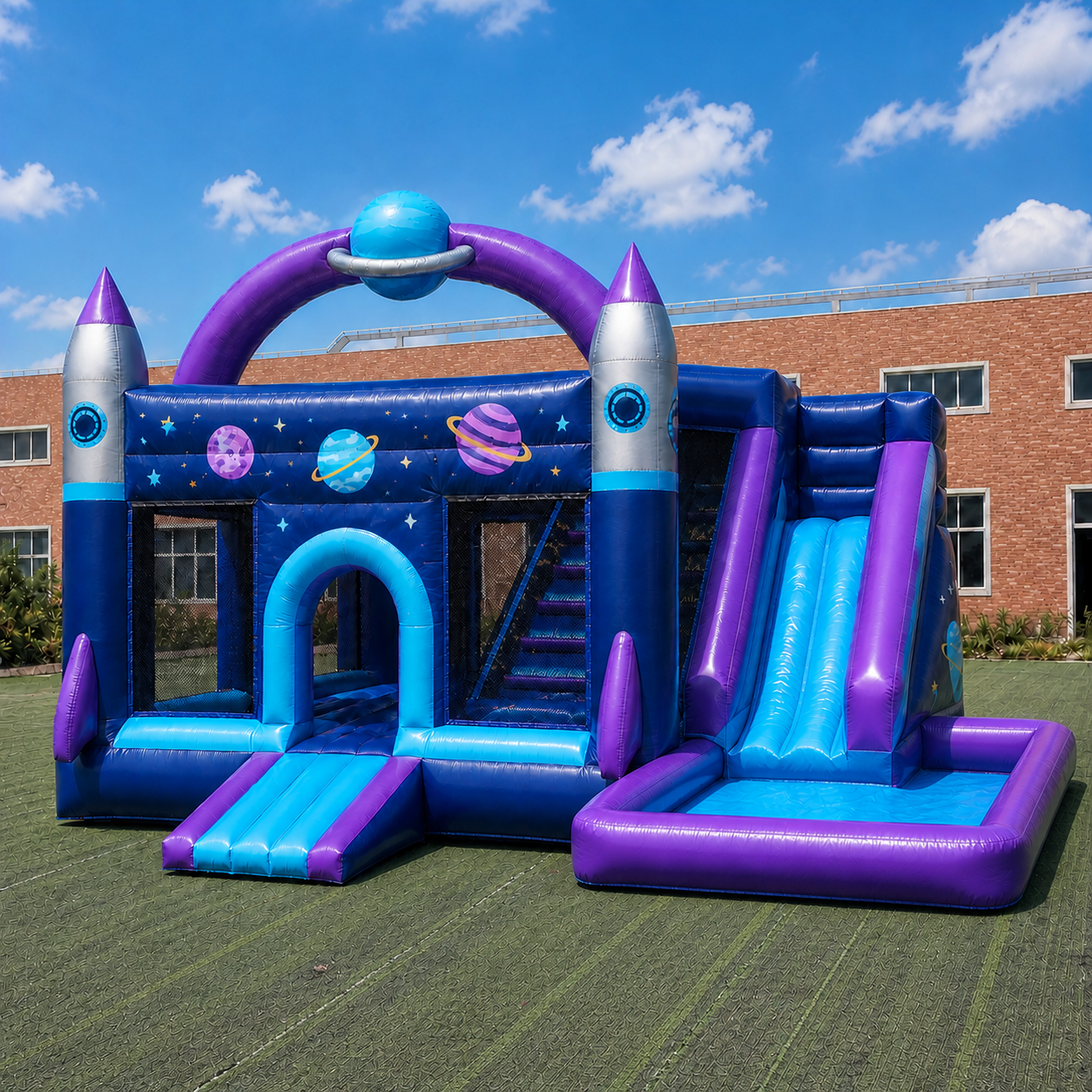 Commercial Space Explorer Inflatable Trampoline and Slide Combo with Safety Mesh Internal Climbing Steps and Shallow Landing Pool