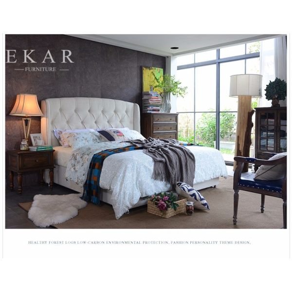 Headboard Upholstered Fabric King Wooden Bed