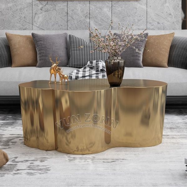 YunZonn Luxury Modern Stainless Steel Coffee Table High Quality Silvery Mirror Finish Unique Shape Home Hotel Living Room Bar