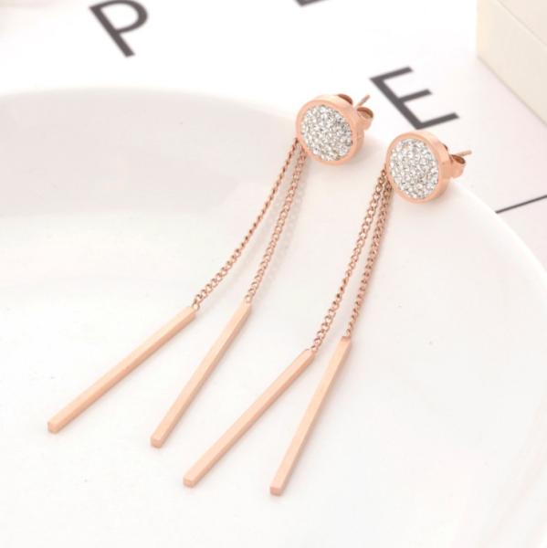 Round full diamond stud Tassel pendant rose gold earrings Stainless steel fashion earrings wholesale