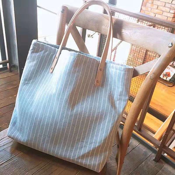 Striped Organic Cotton Canvas Tote Bag Fashion With Leather Handle