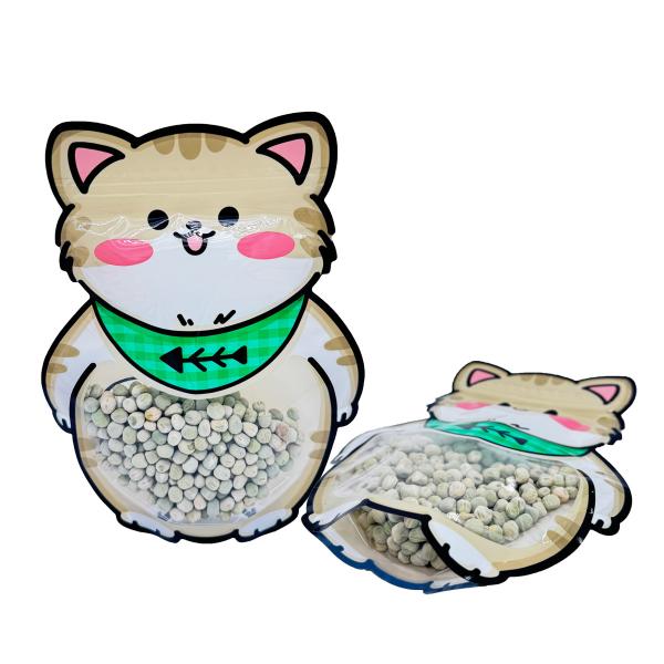 Custom Fat Cute Cat Shape Cut Printed Stand Up Bags with Ziplock on Top and Clear Window for Snacks Food Packaging