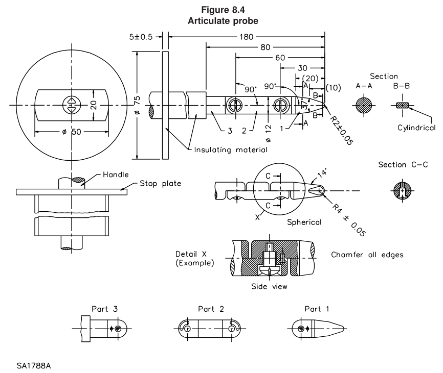 Test Finger Probe with 80mm Finger Length and 75mm Baffle Plate Diameter for Electrical Enclosure Testing Compliant with IEC 61032