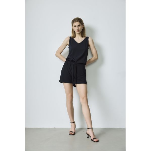 Custom Black V Neck Short Romper Sleeveless Tie Waist Pants And Dress