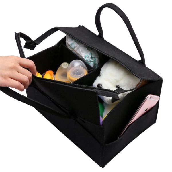 Zip Top Baby Diaper Caddy , Black / Grey Felt Diaper Caddy Gift Basket
