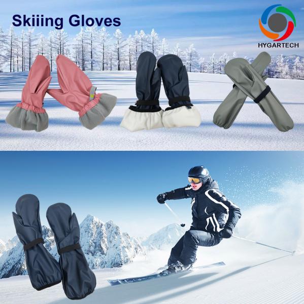 PU & Polyester Waterproof Windproof  Lined Blue Skiing Gloves For Winter Outdoor Adventures