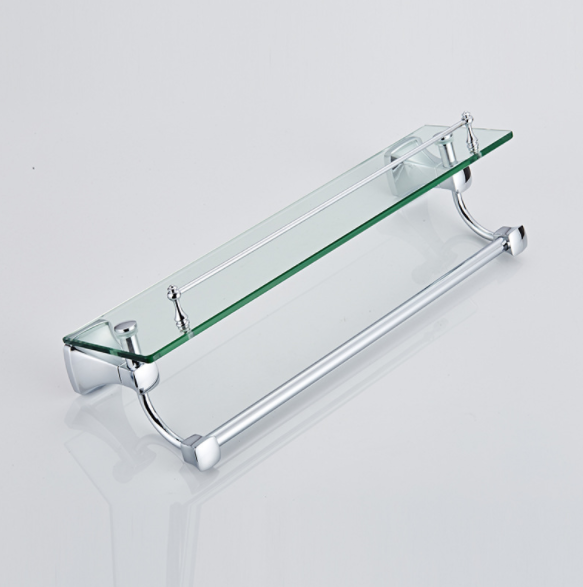 Stainless Steel Single Layer Bathroom Glass Shelf with Towel Bar Shower Rectangular Rack Wall Mounted Cosmetic Holder