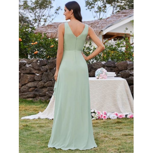 Sexy High-low Ruffles V-neck Waist Pleating Two Straps Pink Chiffon Pleated Lotus Leaf Sleeveless Bridesmaid Dress