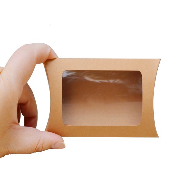 Custom Printed Kraft Paper Pillow Box with Clear Window – Eco-Friendly Packaging for Gifts & Retail
