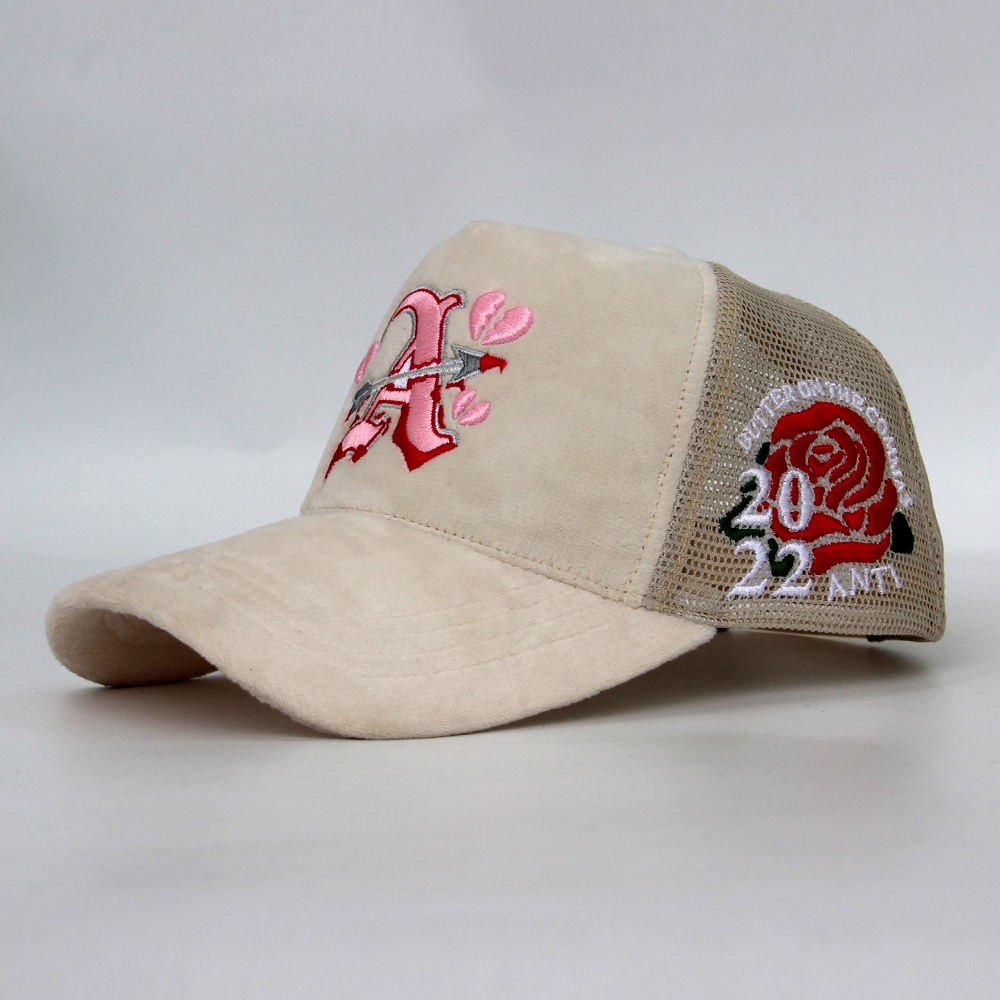Embroidery Logo 5 Panel Black Mesh Hats Custom Velvet Trucker Cap