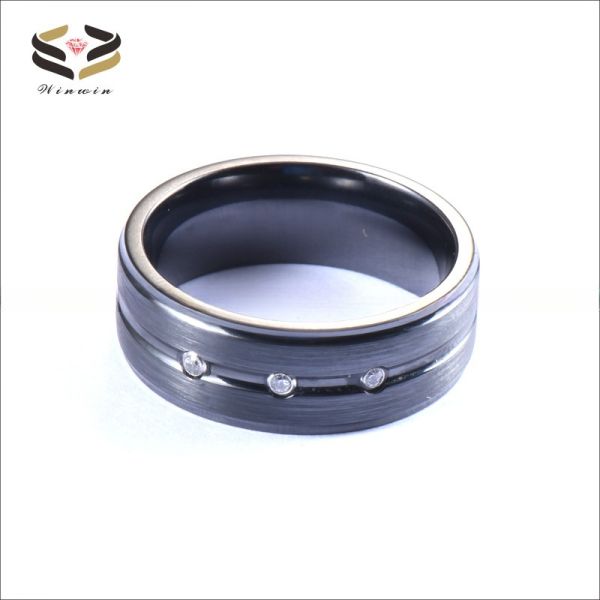 8mm Black Zirconium Ring with Silver CZ Diamond Stones Inlaid Single Groove Men's Wedding Band Plating Color N/A