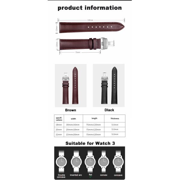 Solid Color Genuine Leather Watch Strap With Butterfly Clasp