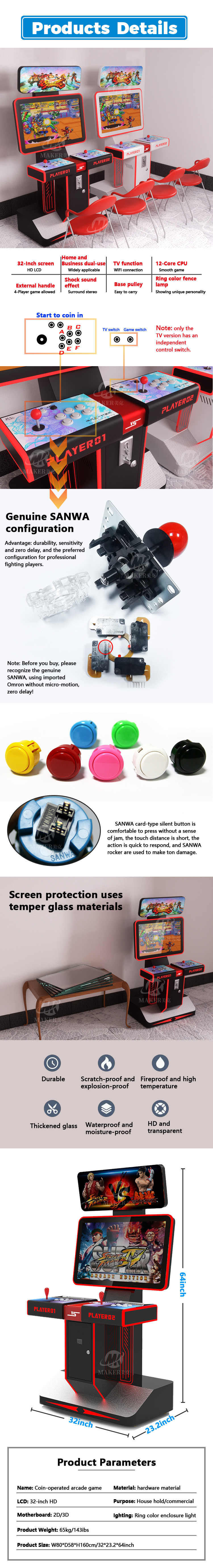 1080p Экранный шкаф Аркадная игровая машина с Sanwa Controls Multi Games