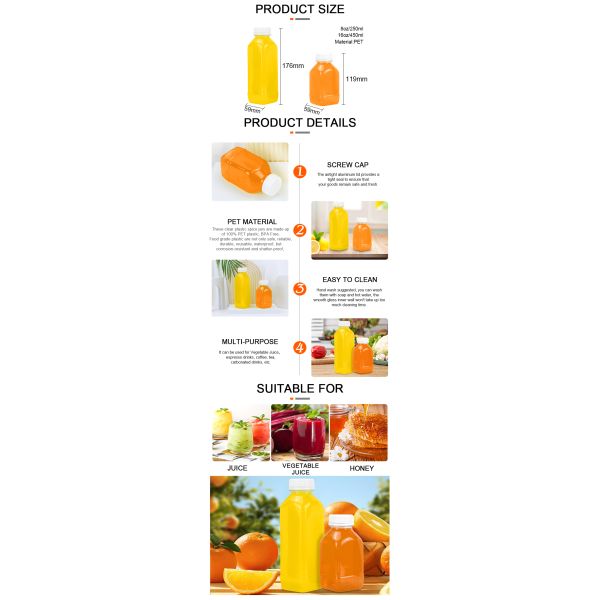 Food Grade Bpa Free Pet Beverage Milk Bottles 8oz 12oz 16oz Empty Plastic Square Juice Bottles With Caps