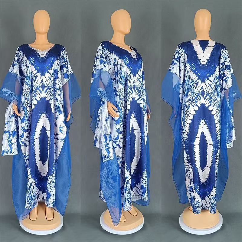 Women’s African Print Chiffon Kaftan Dress with High-Waist Design for Elegant Casual Wear