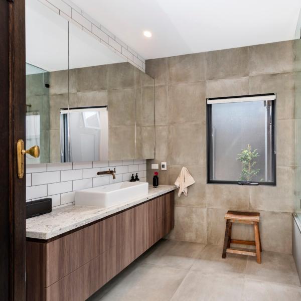 Wall Mounted Melamine Bathroom Vanity Cabinet Handless Modern Waterproof Dark Wooden