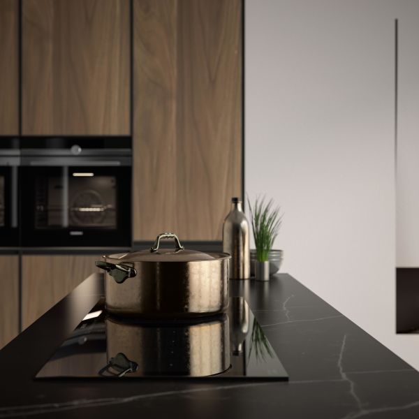 Meubles de maison de luxe Modulaire Faisceau de bois de noyer Matte Noir Couleur Verre Porte Armoires de cuisine Design moderne