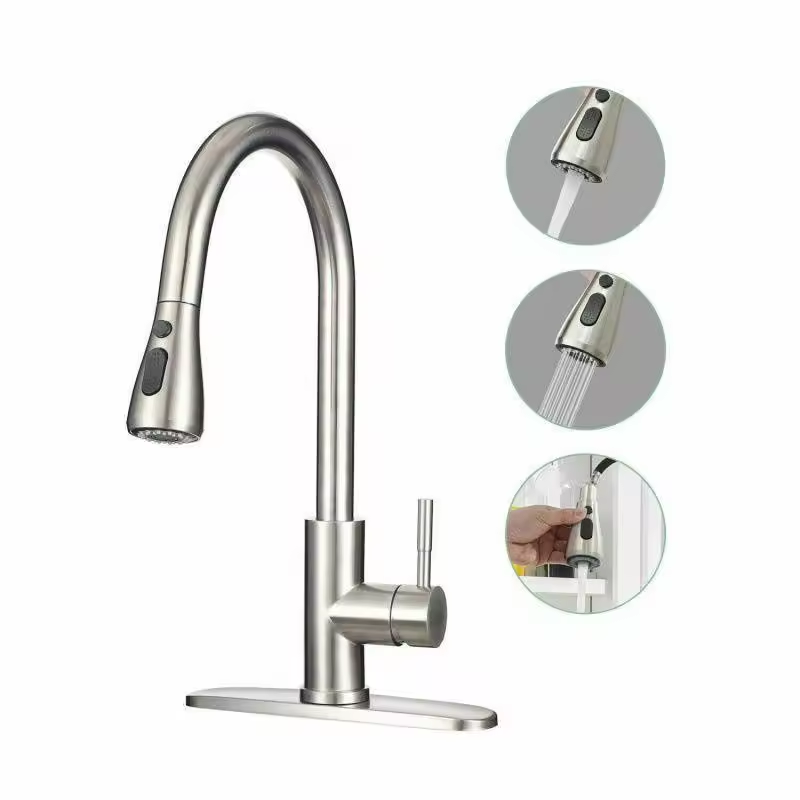 Silver Kitchen Sink Faucet with Pull Down Sprayer High Water Pressure Stainless Steel