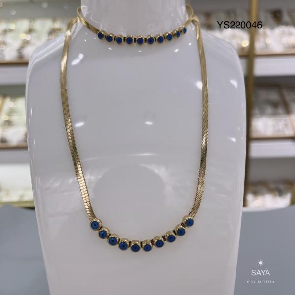Party Stainless Steel Gold Chain Necklace Blue Opals Snake Bone Chain Necklace