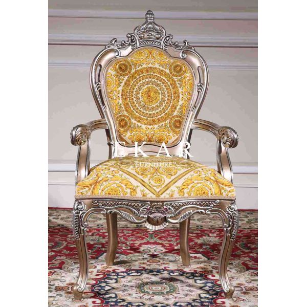 High Back Solid Wood Carved Luxury Velvet Dining Chair With Wooden Armrest