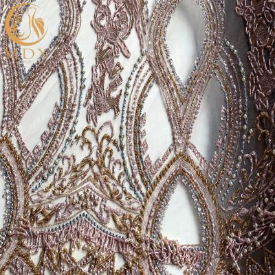 Purple 3D Beads Wedding Lace Fabrics Multicolor 91.44cm Length With Sequins