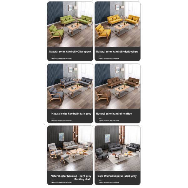 Home Office Natural Rubber Wood Fabric Sofa Set Furniture Combination for Small Family