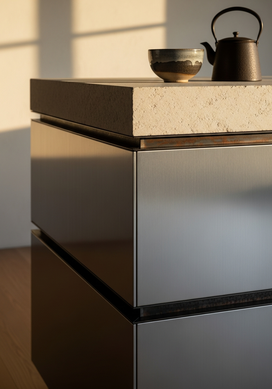 Japandi Honey Oak Kitchen Cabinet in 304 Stainless Steel with Iron Frames
