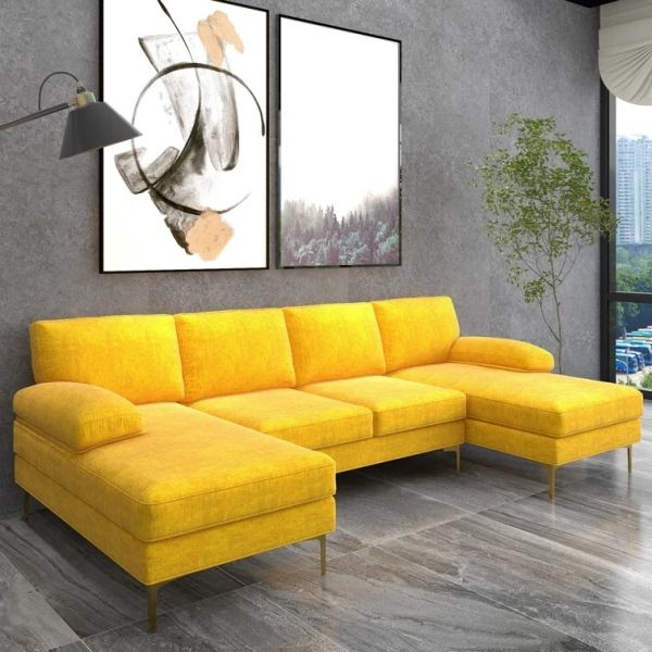 OEM ODM Galvanized Steel leg Ocean Villa yellow chenille u shape sofa set luxury modern sectional corner couch home