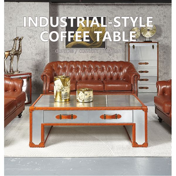Nidea #320 Retro Leather-Trimmed Aluminum Suitcase Cabinet Customizable Multifunctional Coffee Table with 2 Drawers Industrial Decor