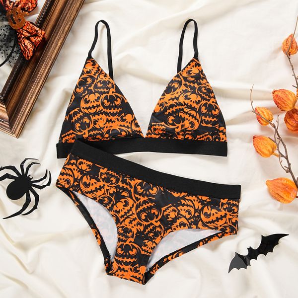 Women Underwear Set Halloween Pumpkin Underwear Set Ladies Sexy Seamless Breathable Thin Beautiful Back