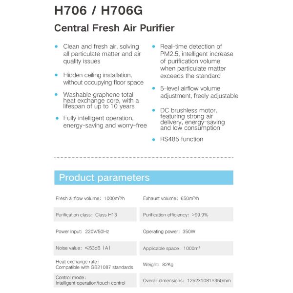 H706 Commercial Central Ventilation System 1000m3/H Air Exchange