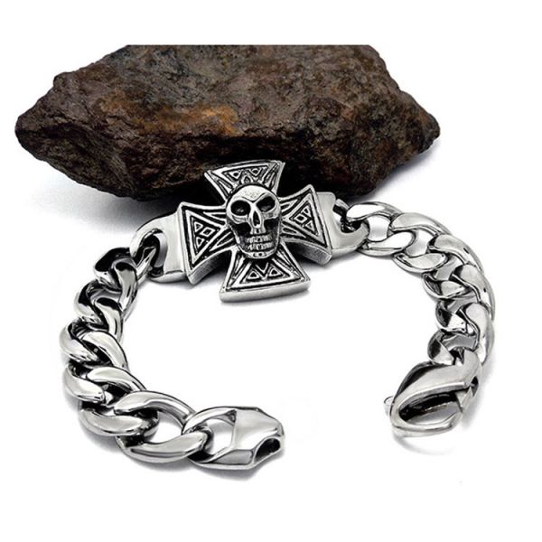 Gothic Skull Cross Stainless Steel Id Bracelet for Men Vintage Old Metal Finishing (JCE456)