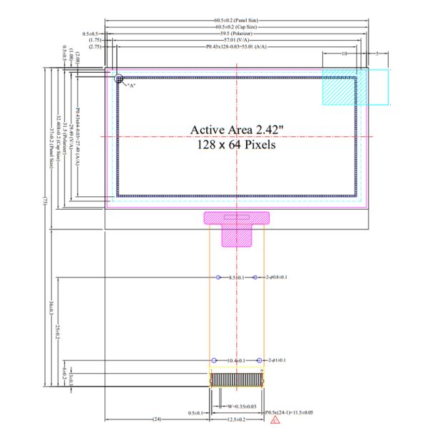2.42 дюймовый OLED дисплей 128x64 желтые шрифты PMOLED экран SSD1309 контроллер SPI+IIC интерфейс