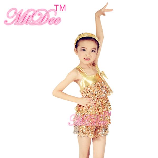 Metalic Edged Kids Dance Outfits Tiered Full Sequin Dress Shorts Including