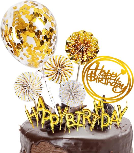 Birthday Paper Fans Banner Confetti Balloon Fireworks Golden Cupcake Topper For Gold Theme Party Decor Girl Boy Kid